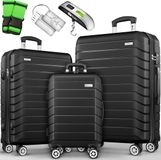 Tillvex® Reiskofferset 3-delig + Bagageweegschaal, 6x Kofferriemen & 3x Kofferhangers | Kofferset 4 Wielen | Trolley Bagage Koffer TSA Slot | Set Koffer met Harde Schaal M-L-XL, Lila