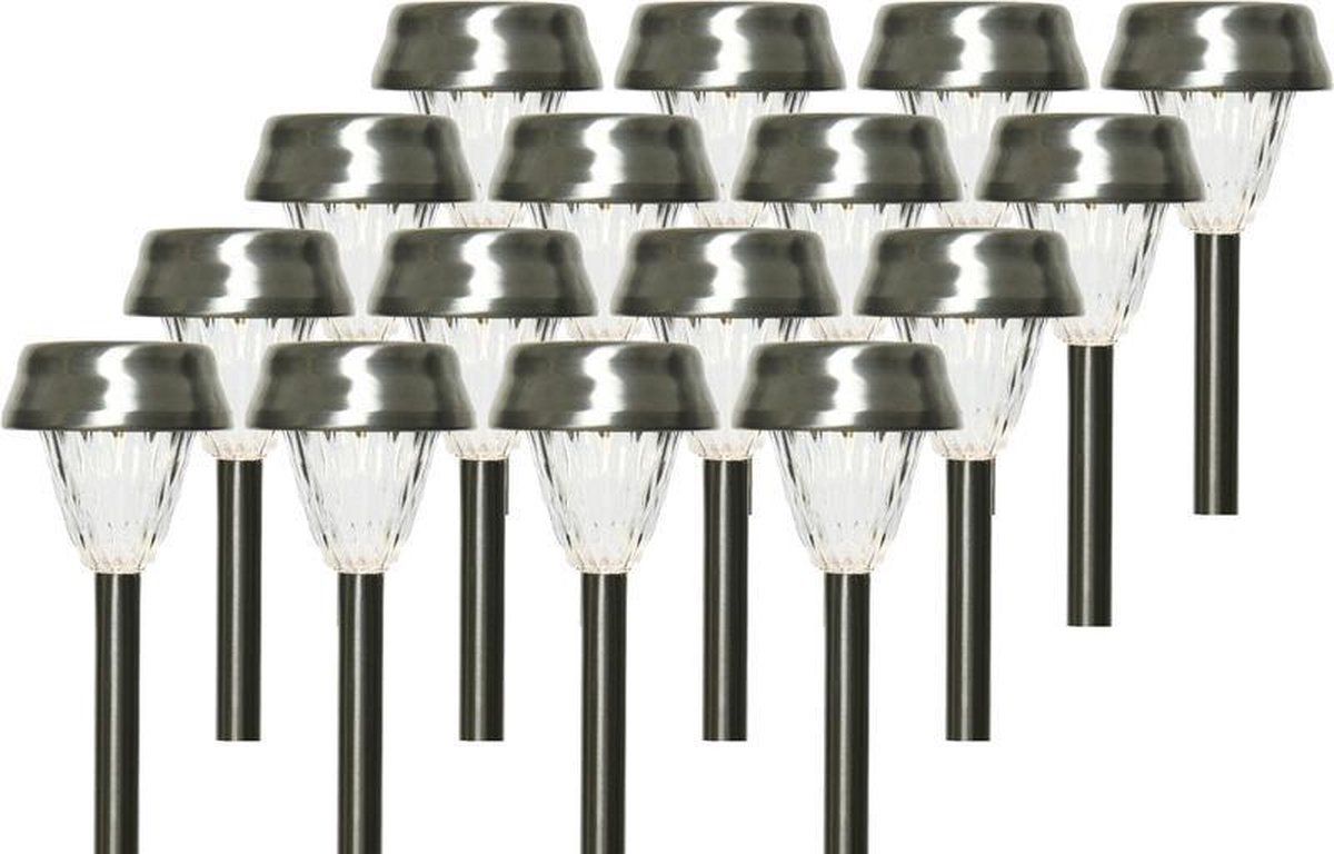 Lumineo 16x Buiten LED RVS lantaarn stekers solar verlichting 24 cm - Zilver