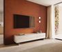 Meuble TV Cuor 220 cm Céramique Laminam® Travertino Bianco Crème-blanc 1 clapet 2 tiroirs Pied optique flottant Acier inoxydable