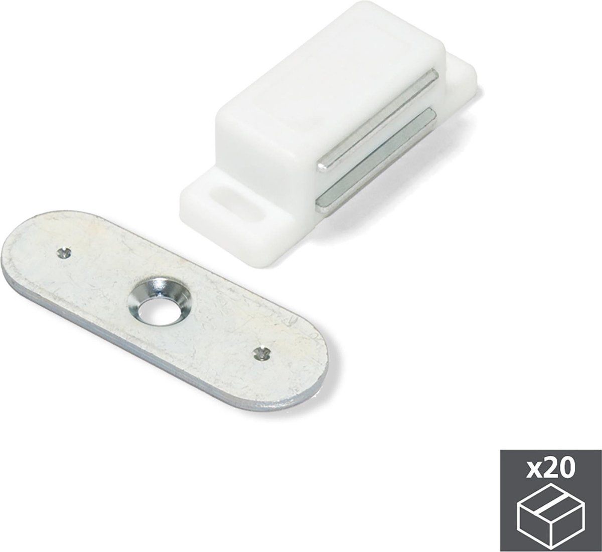 Emuca 1275315 Magneetslot met plaat voor meubeldeur, wit, 20 stuks