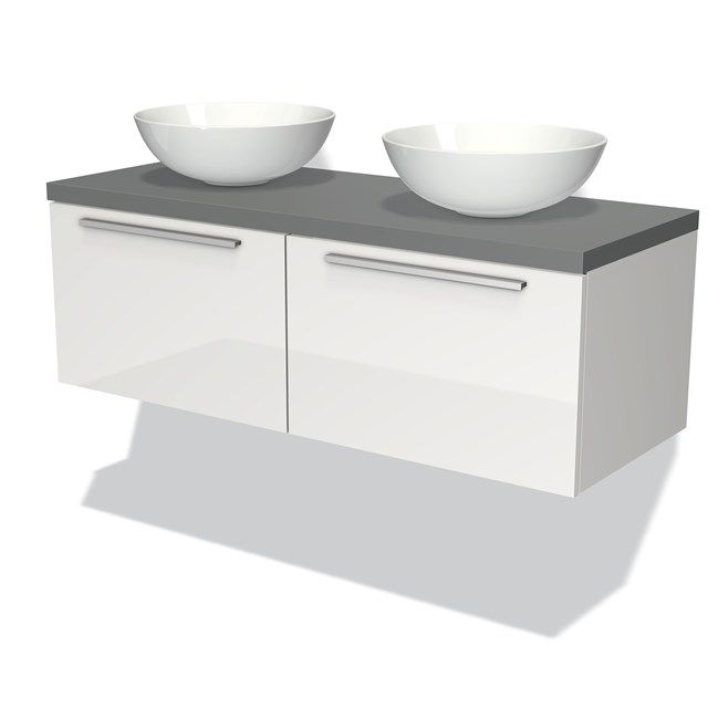 Maxaro Badkamermeubel voor Waskom 120cm Modulo Plato Hoogglans Wit 2 Lades Vlak Middengrijs Blad