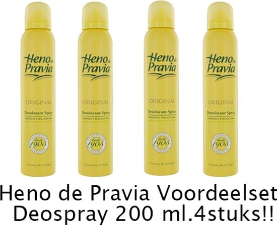 Heno de Pravia spray - 200 ml - Deodorant - 4 st - Voordeelverpakking 24 uurs bescherming met de bekende Spaanse Geur