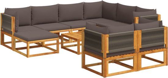 vidaXL 10-delige Loungeset met kussens massief acaciahout - Grijs