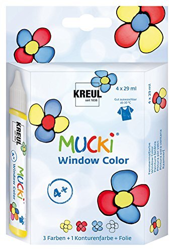 Kreul 24450 - Mucki Window Color Set, 4 x 29 ml verf en vaste folie, raamverf op waterbasis, vrij van parabenen, glutenvrij, lactosevrij, veganistisch, gemakkelijk te schilderen, uitwasbaar