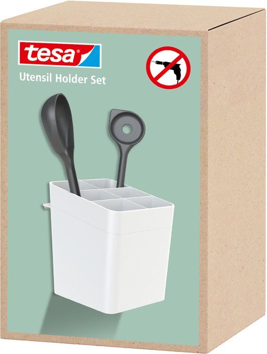 Tesa Keukenaccessoire Keukengereihouder - Zelfklevende Houder voor het Opbergen van Keukengerei - Met Adapter, Wandmontage zonder Boren - Wit
