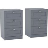Altino Table de chevet 3 tiroirs, commode de nuit, chambre, set de 2, 62x40x36cm, gris