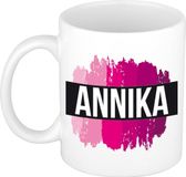 Bellatio Decorations Shoppartners Bv Annika naam cadeau koffie mok - beker - met roze verfstrepen - 300 ml - wit
