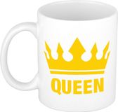 Bellatio Decorations Cadeau Queen 1x Cadeau Queen beker / mok - wit met gele bedrukking - 300 ml keramiek