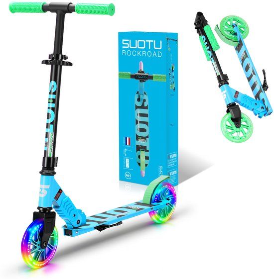 Suotu Kinderstep - 145mm Lichtgevende Wielen - Step - Aluminium - Blauw/Groen