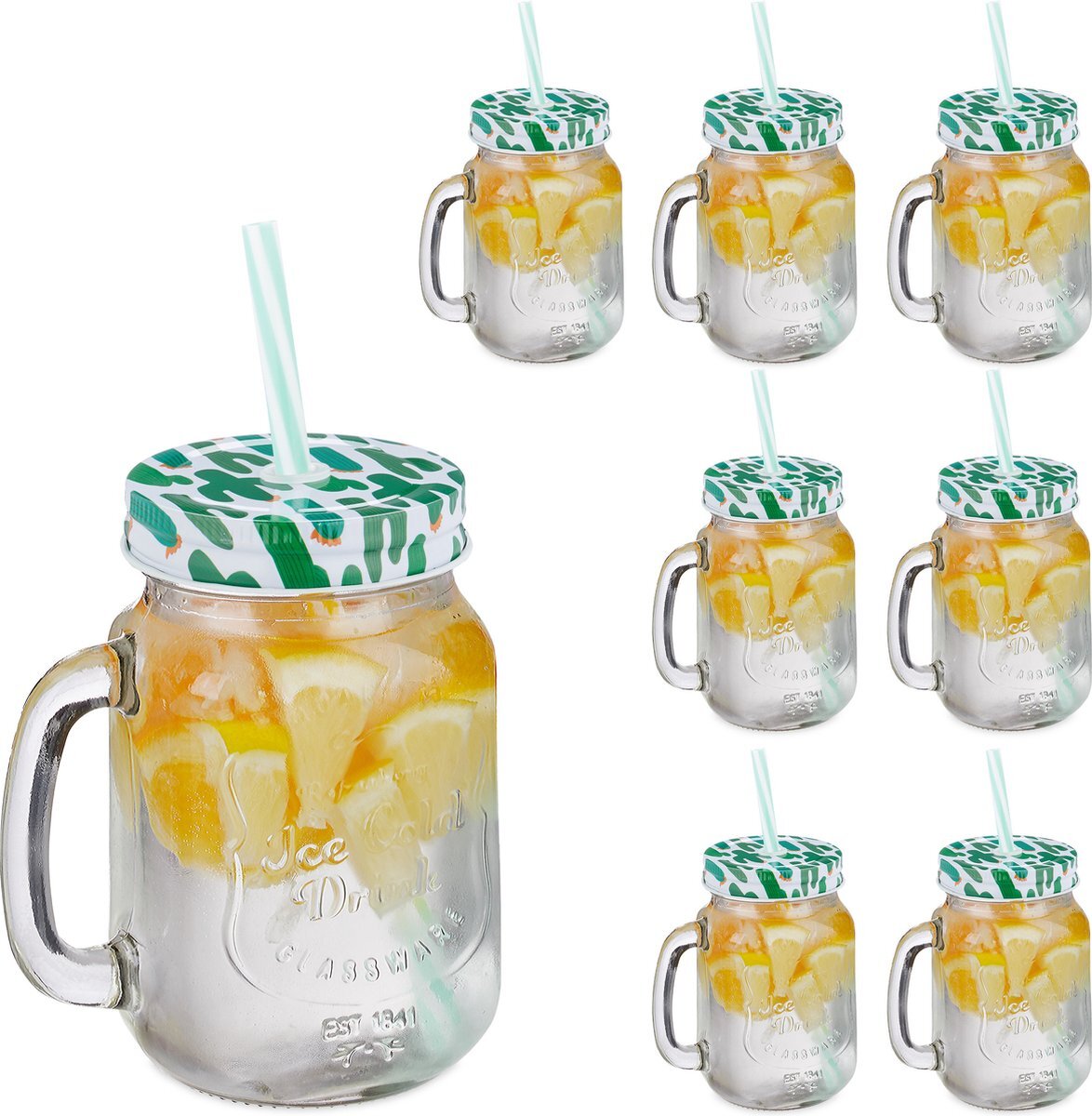 Relaxdays drinkglazen - rietje & deksel - set van 8 - cactus print - handvat - transparant