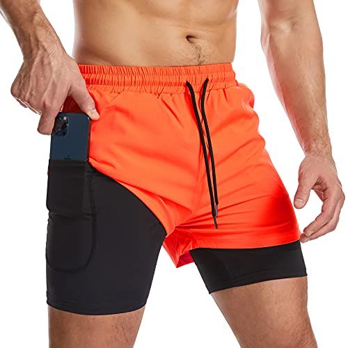 Danfiki Sportshorts 2-in-1 voor mannen, ademend, met zakken, sneldrogende sportbroek met zak, sportlegging, Base Layer Stretch, Oranje, L