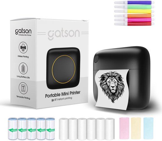Gatson Mini Printer - 300DPI - Inclusief 14 Rollen Papier (Sticker, Normaal & Kleur) + 5 pennen - Mini Printer voor Mobiel - Pocket Printer - Mobiele Fotoprinter - Schoolspullen - Journaling Producten