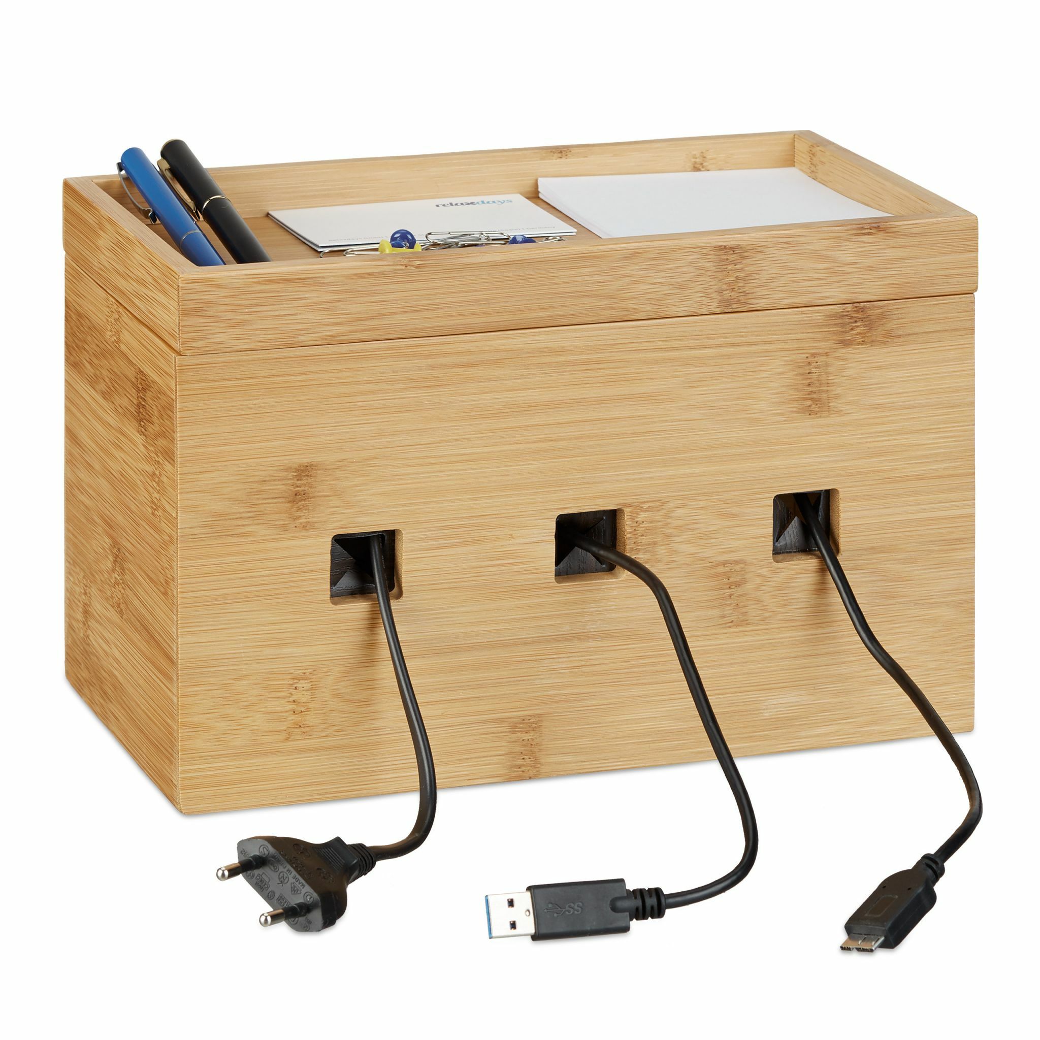 Relaxdays kabelbox bamboe - kabelmanagement - 16,5 x 25,5 x 14 cm - bureau multi-oplaadstation - cable box
