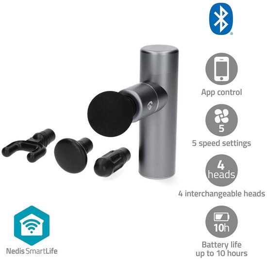 Nedis SmartLife Massage Gun – Mini – 4 Opzetstukken – Donkergrijs