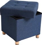 Songmics Zitkist - Poef met Opbergruimte - Hocker - Blauw - Linnen - Houten Poten - 38x38x40 cm