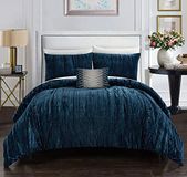 Chic at Home Westmont 4-delige dekbedset gerimpeld geplet fluwelen beddengoed-decoratieve kussenslopen inbegrepen, marineblauw, kingsize