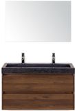 BES LED Dante Badmeubelset 100 cm - Walnoot - Wastafel Hardsteen Wit Lucca 2 Kraangaten met Spiegel