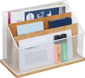 Merkloos Relaxdays Bureau organizer - brievenbak met 3 vakken - bamboe en metaal - lichtbruin/wit