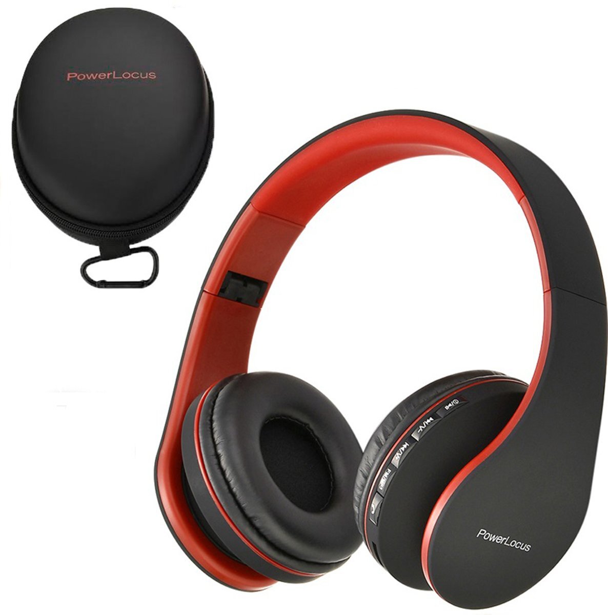 PowerLocus On-ear Bluetooth koptelefoon Wireless Inklapbaar Headset Oplaadbaar Over-ear Bluetooth Headphones ook met AUX kabel option en Reis Hoesje voor PC Reis iPhone Mac iPad - Zwart/Rood