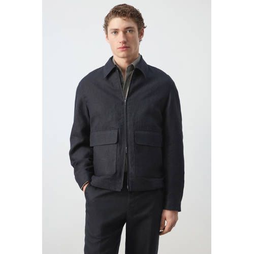Mango Man jack met linnen donkerblauw