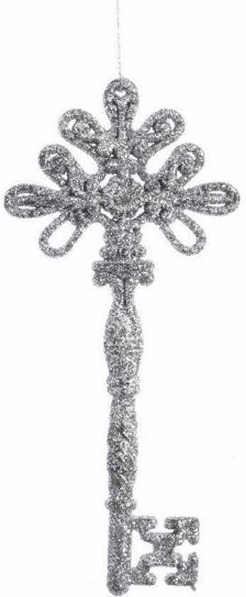 Decoris Kerstboom decoratie sleutel zilver 17 cm met glitters