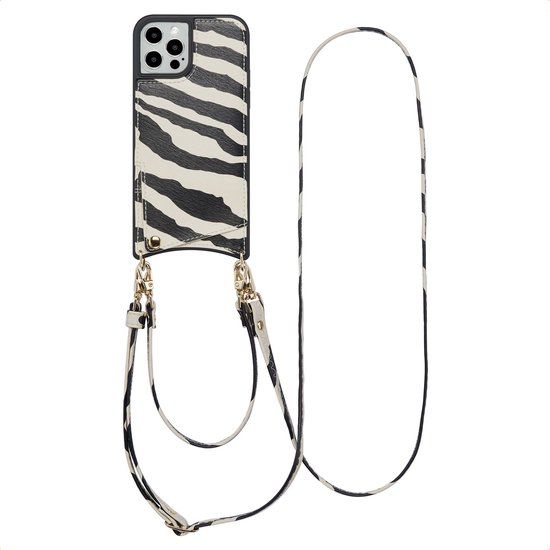 Selencia Hoesje - Geschikt voor Apple iPhone 12 Pro / 12 - Backcover met koord en pashouder - Zazzy Zebra