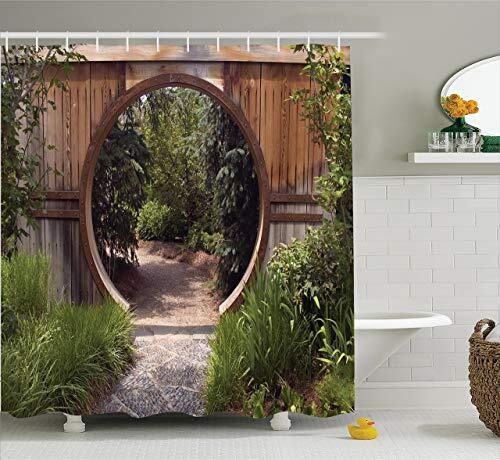 N Japanse Decor Collectie Authentieke Cirkel Rustieke Deuropening Gate Opening Nationaal Park Sublime Habitat Afbeelding Polyester Stof Badkamer Douchegordijn Lang Groen Bruin 183 * 183CM