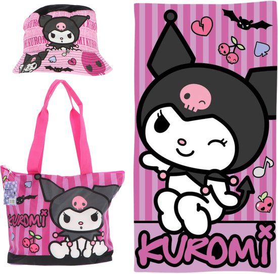 4KidsOnly Mister License Kuromi strandset; strandtas, vissershoedje en strandlaken