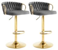 Tabouret de bar Set de 2 tabourets de bar Réglable en hauteur Pivotant à 360° Velours Dossier tressé Gris foncé
