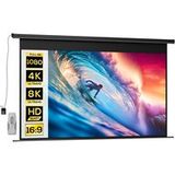Écran de projection motorisé 120 pouces 16:9 4K HD, support mural ou plafond, télécommande incluse, dimensions 297x8x183 cm, idéal home cinéma.