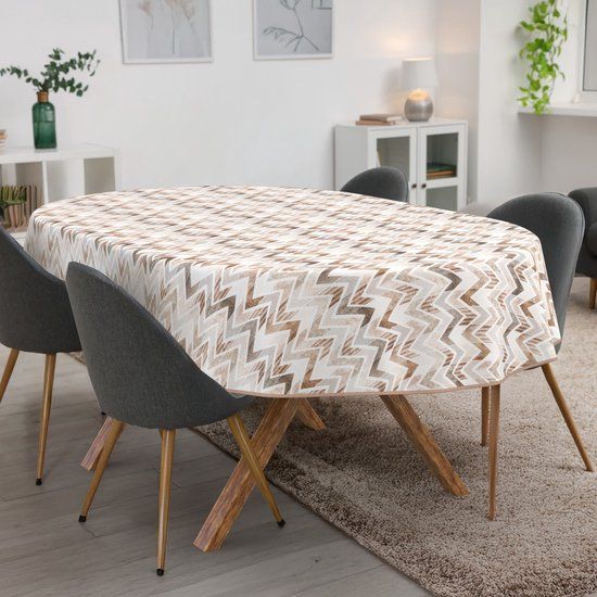ANRO Tafelkleed Zigzag Bruin Ovaal 220x140cm