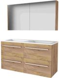 Basic Line Comfort 46 Badkamermeubelset - 120 x 46 cm - Met Grepen - 4 Lades - Acryl Wastafel - Zonder Kraangat - Spiegelkast - Whisky Oak