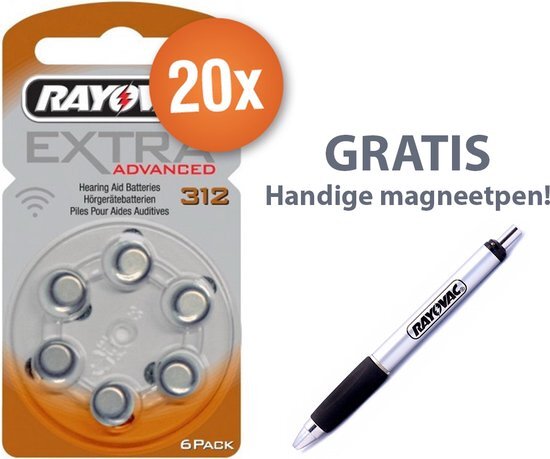 Rayovac Voordeelpak gehoorapparaat batterijen - Type 312 (bruin) - 20 x 6 stuks + gratis magnetische batterijpen