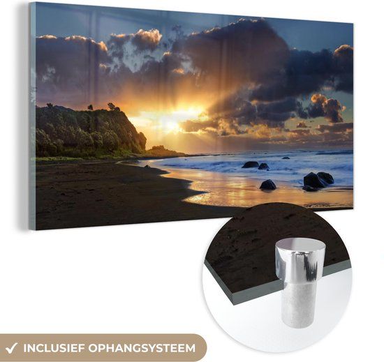 MuchoWow® Glass Painting 120x60 cm - Acrylic Glass Painting - Beach of Whanganui National Park on the North Island - Photo on Glass - Paintings