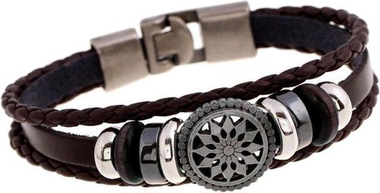 Fako Bijoux® Lederen Armband Exclusive - Cirkel - 20cm - Zwart - Unisex