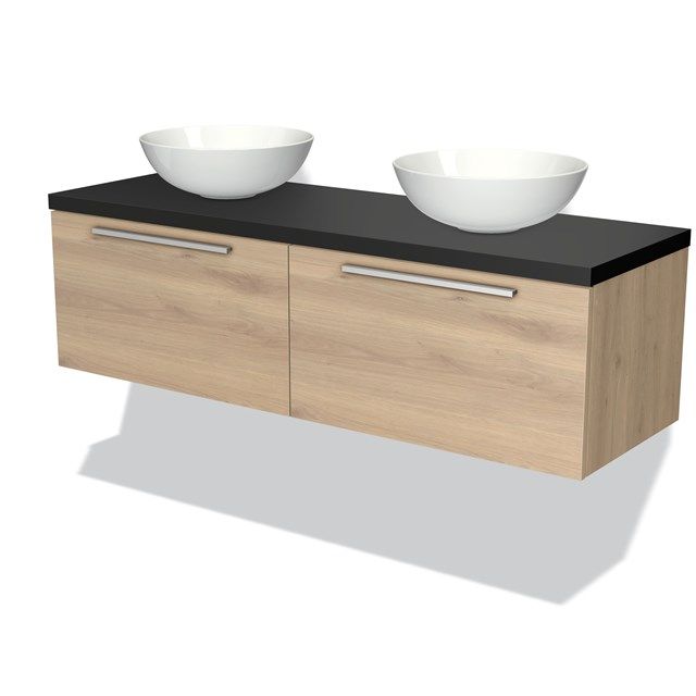 Maxaro Badkamermeubel Modulo Plato 140cm Lichtbruin Eiken 2 Lades Vlak Mat Zwart Blad