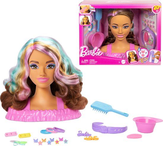 Barbie Kappop, Donkerbruin Haar, met meer dan 20 Accessoires voor Haarstyling, waaronder van Kleur Veranderende Haarspelden Ster en Vlinder, JFG82