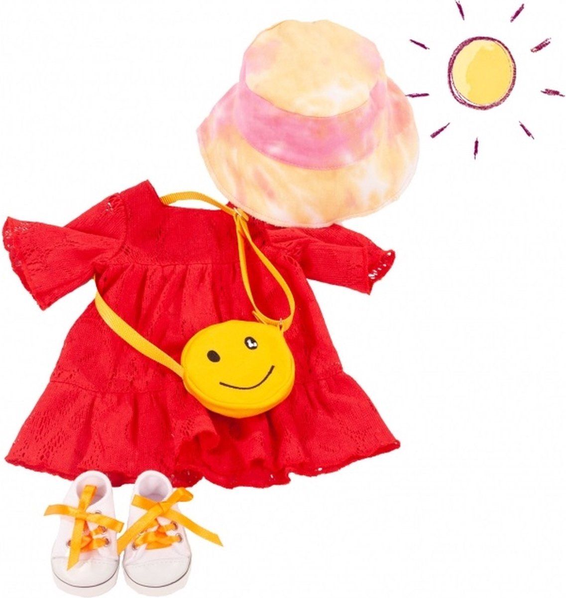 Götz poppenkleding combi rood jurk, zonnehoedje, sneakers en schoudertas voor pop 45-50cm