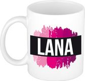 Bellatio Decorations Shoppartners Bv Lana naam cadeau koffie mok - beker - met roze verfstrepen - Cadeau collega - moederdag - verjaardag - juf - coach - 300 ml - wit