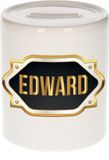 Bellatio Decorations Shoppartners Bv Spaarpot met voornaam Edward - wit - met goud/zwart embleem - 8 x 9 cm - keramiek - met afsluitdop - cadeau verjaardag