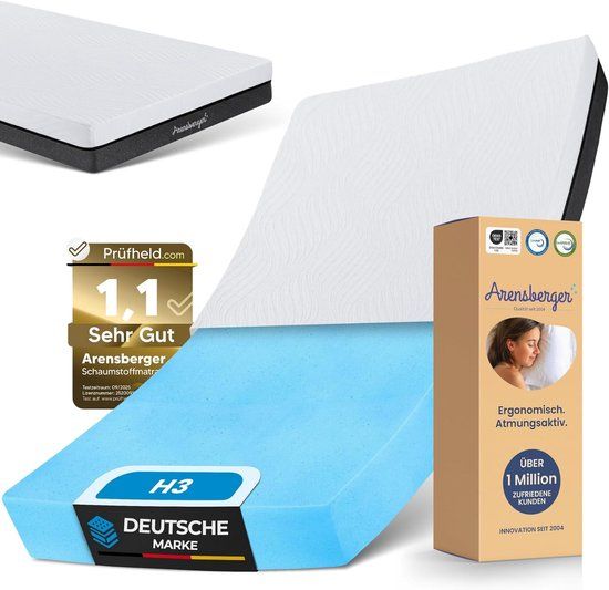 Arensberger Matras SARA 180x200 cm Hoogte 16cm | NANOCELL® Gel-Schuim | Middelhard H3 | Premium-Bekleding 240g/m² | 60°C wasbaar | Koudschuim-Matras 180x200 | Beoordeling 1,1 | Öko-Tex Gecertificeerd