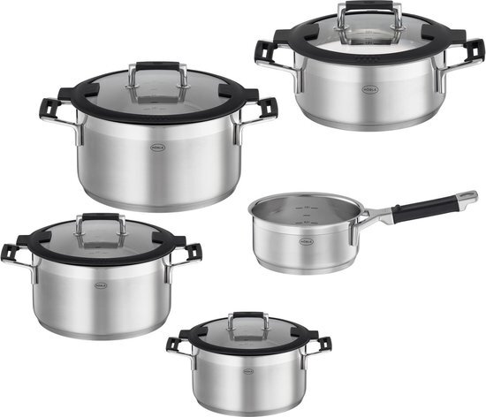 Rösle SILENCE PRO 5-delige pannenset, universele pannenset met 3 kookpotten, 1 braadpan en 1 steelpan, roestvrij staal 18/10,glazen deksel,interne schaalverdeling,geschikt voor inductie en vaatwasser