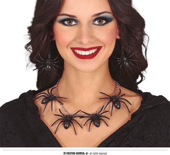 Fiestas Guirca Halloween Spinnen Ketting / Oorbellen Set - Zwart - Unisex