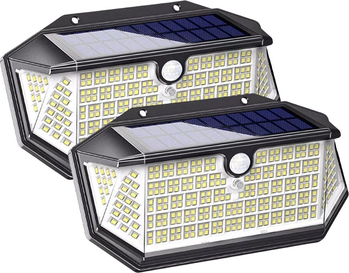 HappyLEDS Solar Buitenlamp met Bewegingssensor 2 stuks – Voordeel Verpakking - 266 LEDs - Tuinverlichting op zonnen energie – Wandlamp Buiten met 3 standen - Sensor Dag & Nacht – Buitenverlichting 2500 lumen - zwart - 18,5 cm