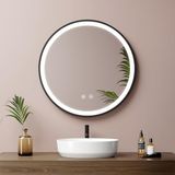 EMKE Ronde badkamerspiegel, 50 cm, ronde wandspiegel met licht, touch-schakelaar en anti-condensfunctie, koud wit licht, 6500 K, zwart frame, verstelbare riem