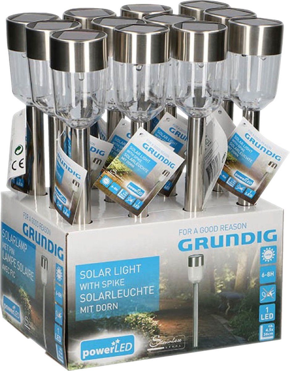 Grundig LED Solar Garden Light with Pin LED Display - Silver Grey