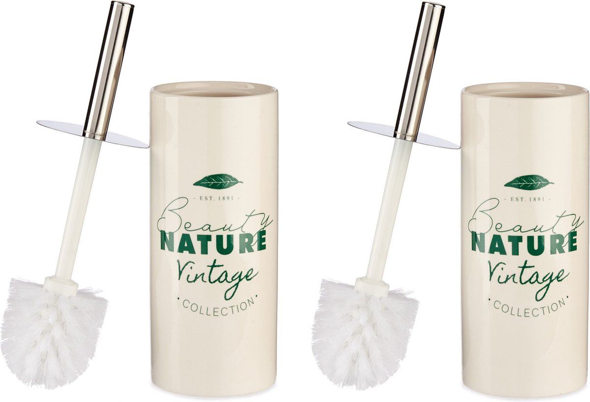 Berilo Set van 2x toiletborstel gebroken wit met tekst keramiek 31 cm - Wc-borstels