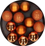 Cosy & Trendy Kerstballen - 12x - oranje - 6 cm - kunststof - mat - glans - glitter - onbreekbaar - met ophanglintjes