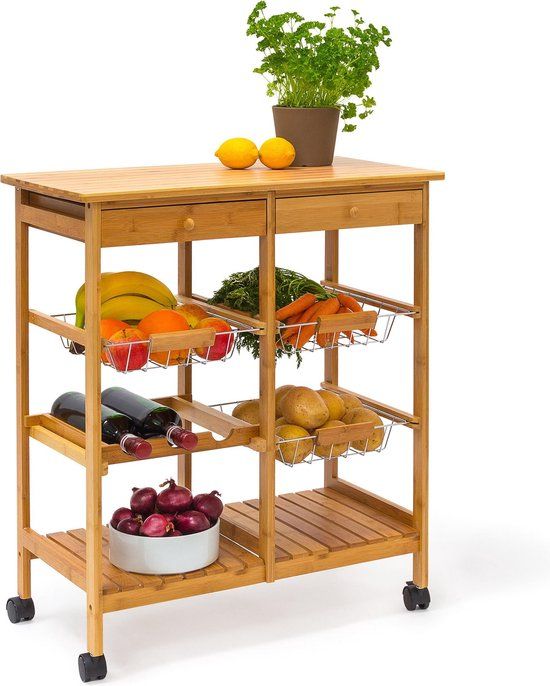 Relaxdays Serveerwagen - Bamboe - 2 Lades - 3 Manden - Op Wieltjes - 80 x 67 x 37 cm