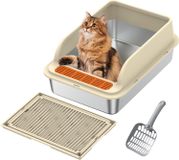 Merkloos XL kattenbak uit roestvrij staal met deksel, inclusief schep en bakmat